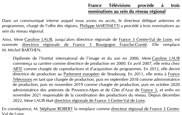#DansLaCorres France Télévisions procède à trois nominations au sein du réseau régional. Caroline Laub devient directrice régionale de France 3 Bourgogne Franche-Comté, Stéphane Robert la remplace en Centre-Val de Loire. Pascale Pfister arrive à la direction du réseau. #Médias