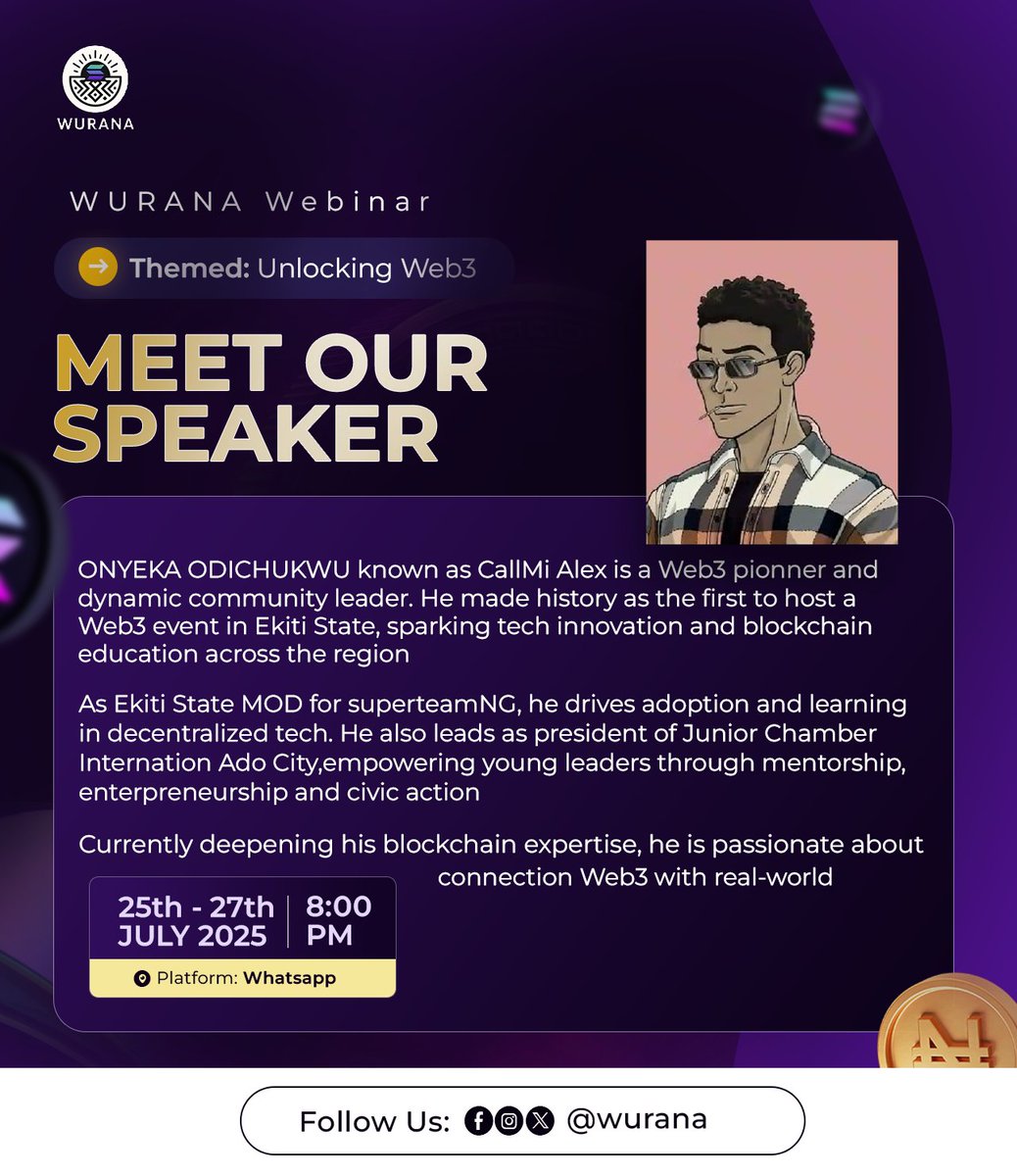 Wurana01's tweet image. Ready to unlock the future of Web3?
Meet @CallMi_Alex_
Blockchain trailblazer and community builder!
📅 July 25–27 | 🕗 8PM
📍 WhatsApp
Join the waitlist: wuranas.vercel.app
📲 Then check your email for the WhatsApp link!
#Web3 #Blockchain #WuranaWebinar #TechForChange