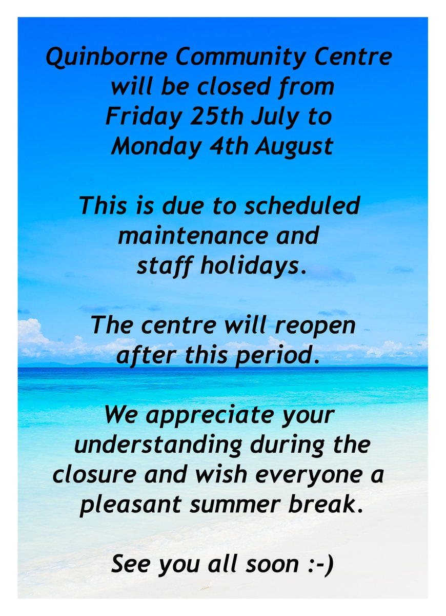 Quinborne will be closed for scheduled maintenance and staff holidays for one week .. 25/07/25 - 04/08/25.

Although there will be contractors onsite the facilities will not be available to the public during the period.

For more information, please visit our website.