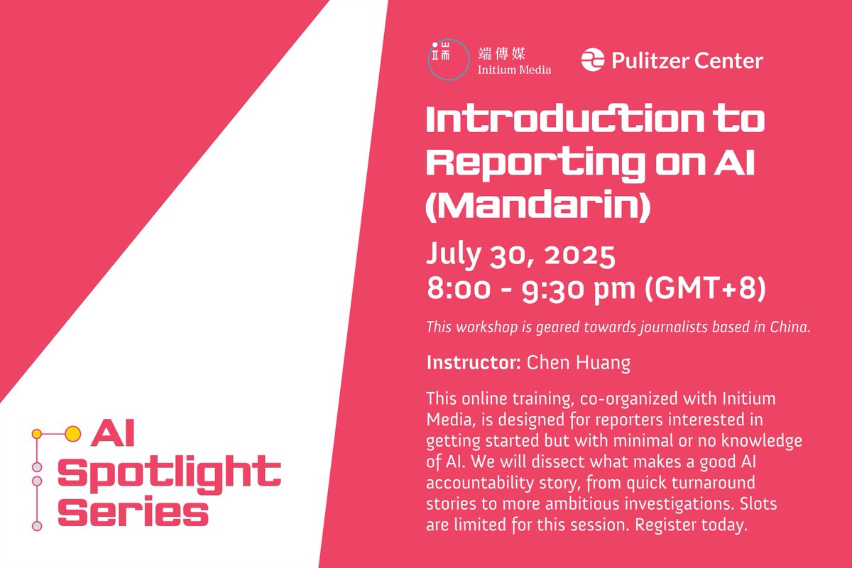 gijn's tweet image. 🤖 New to reporting on AI? The @PulitzerCenter is hosting a free Introduction to Reporting on AI webinar — in Mandarin — on July 30.
Register here: twp.ai/4ipYlz