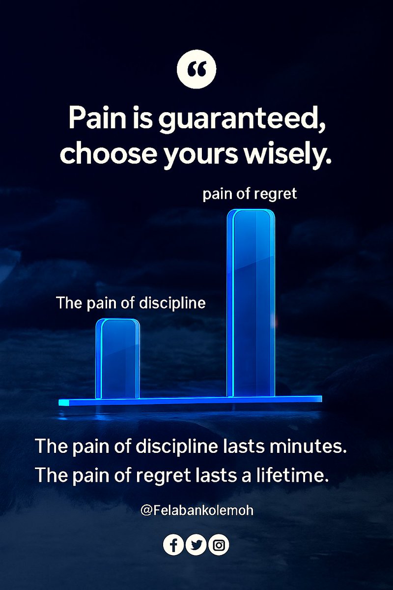 felabankolemoh's tweet image. THE PAINS OF DISCIPLINE
Youβll feel pain either way β so choose the one that takes you forward.
The pain of discipline builds you.
The pain of regret breaks you.
One requires sacrifice now, the other demands sorrow later.
Choose the pain that leads to progress, not the one thatβ¦