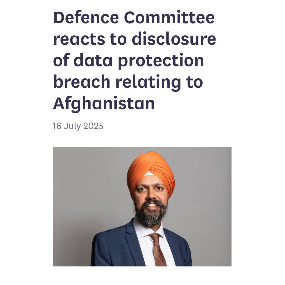 TanDhesi's tweet image. I’ve consulted cross-party colleagues and we’re united: #AfghanDataBreach is a serious failure that demands #scrutiny.
A core @CommonsDefence duty is oversight of @DefenceHQ operations, and so we’ll be investigating to get answers and accountability.
committees.parliament.uk/committee/24/d…