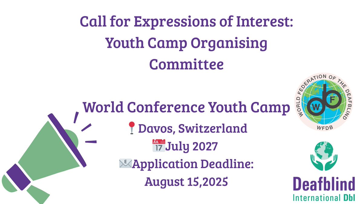 🌍 Are you a young person with #deafblindness (18–35) from 🇨🇭🇦🇹🇩🇪 or beyond? 
Join the Organising Committee for the first-ever WFDB &amp; DbI Youth Camp at the 2027 World Conference! 
🗓️ Apply by 15 August 2025
🔗 More information here: shorturl.at/XYDo4
