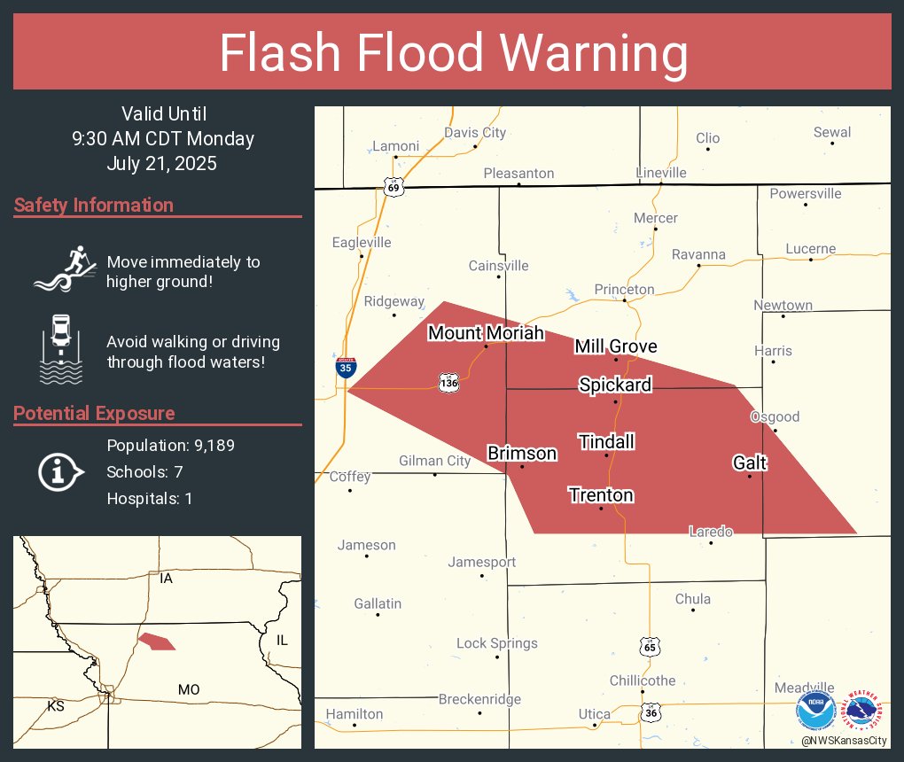 NWSKansasCity's tweet image. Flash Flood Warning including Trenton MO, Spickard MO and Galt MO until 9:30 AM CDT
