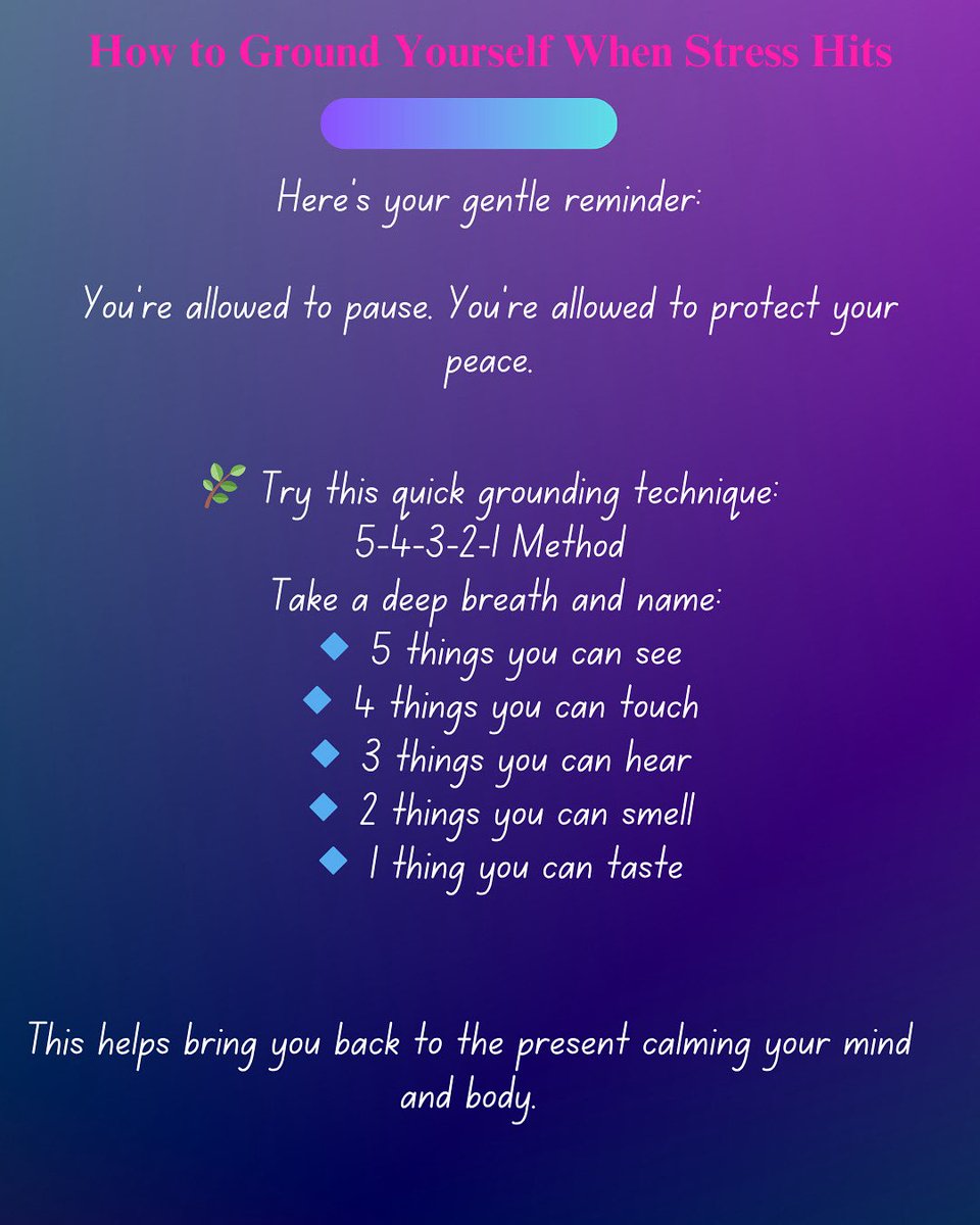 Feeling overwhelmed?

Try the 5-4-3-2-1 grounding method.
It helps you reconnect &amp; calm your mind.

Your mental health matters.
#Trending #TrendingNow #MentalHealth