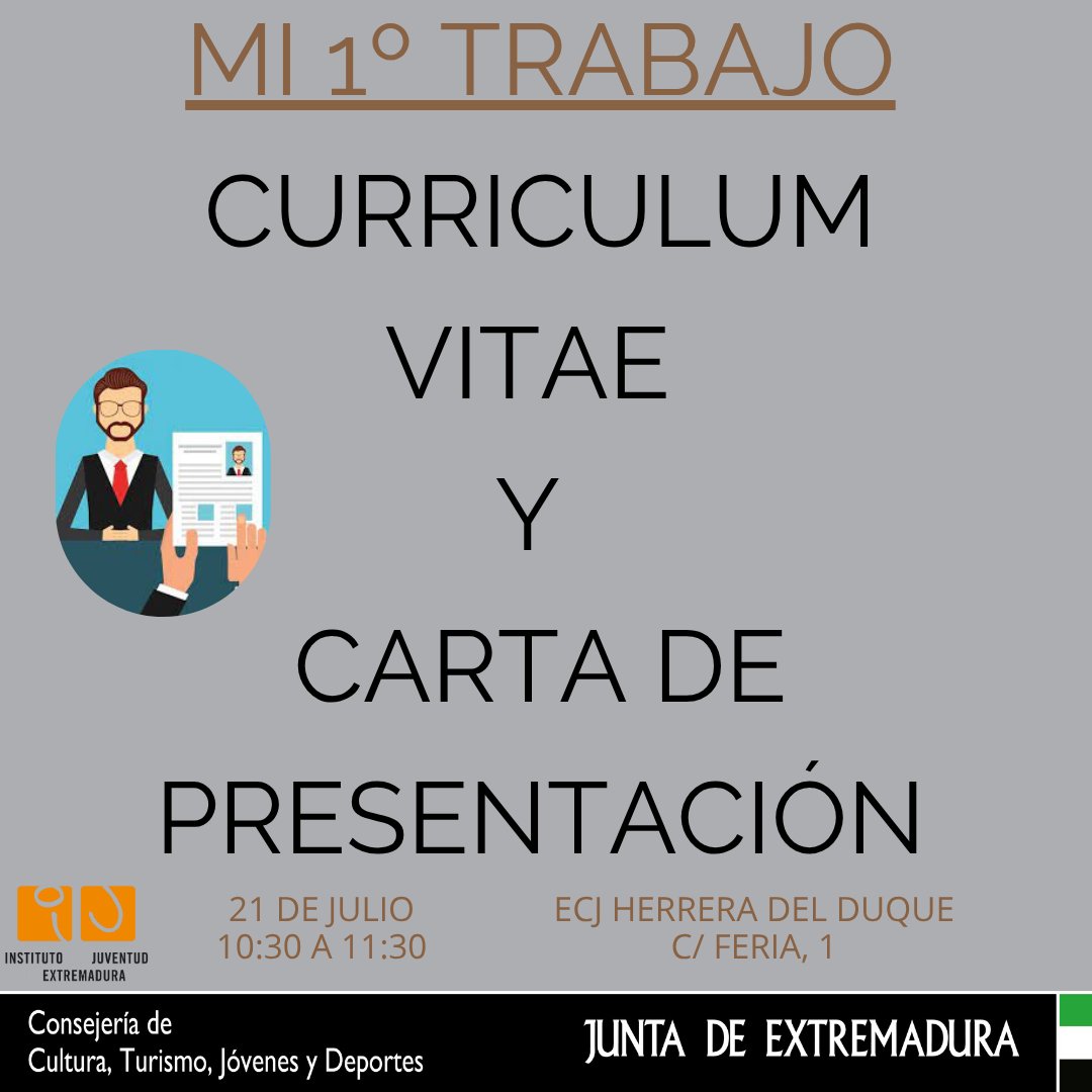 Si tienes entre 16 y 20 años y te vas a incorporar al mudo laboral, no te pierdas nuestra semana de Mi Primer Trabajo.
Comenzamos la semana con un taller monográfico muy interesante:
Como elaborar tu curriculum vitae y la carta de presentación.