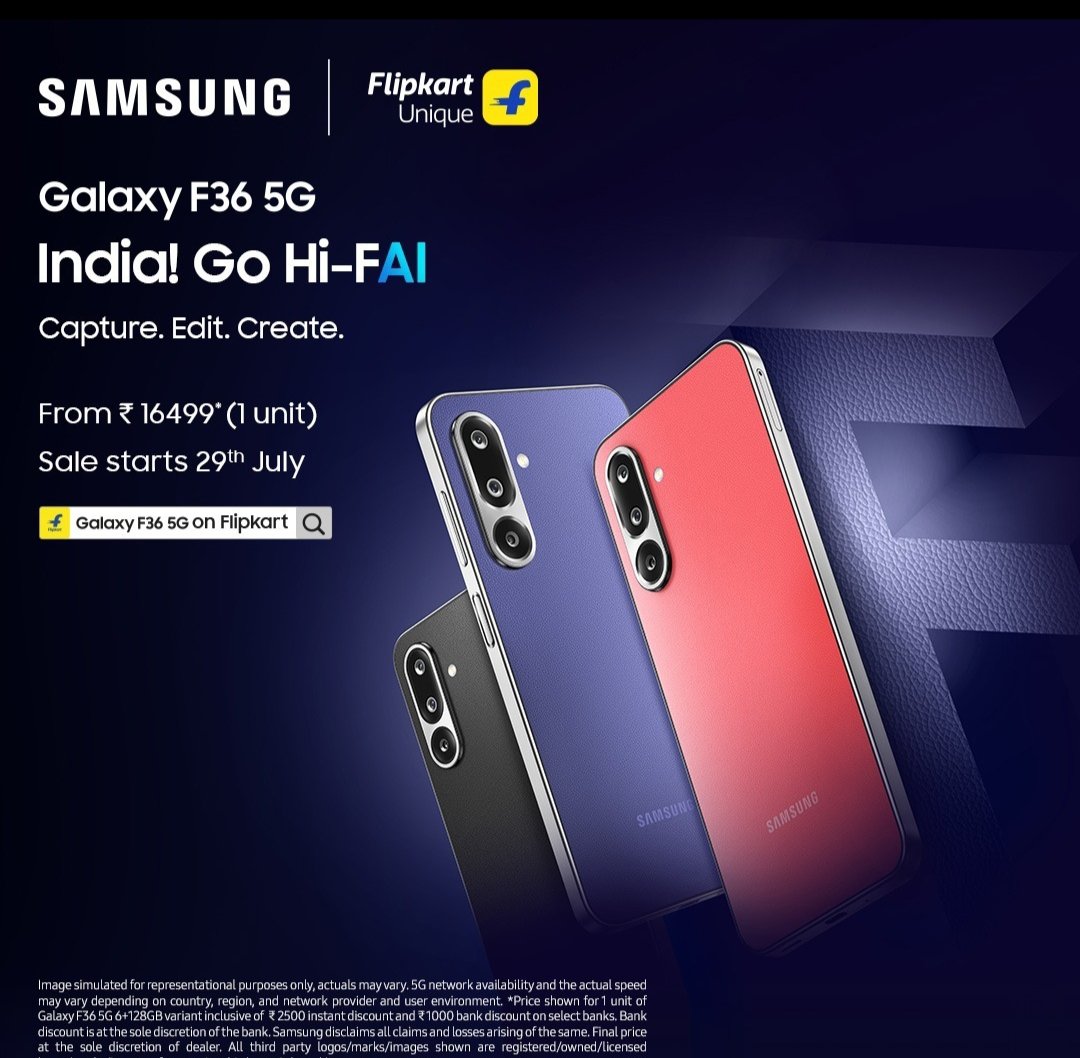 The #GalaxyF36 is a blend of design &amp; sophistication and also with 7.7mm slim with a leather finish which comes in 3 stunning #HiFAI colours &amp; style in your pocket. Available 29th July on Flipkart for ₹16,499 ❤️ #Samsung #IndiaGoHiFAI #LoveForGalaxyF36