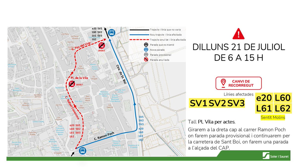 Soler i Sauret, SA. (@solerisauret) on Twitter photo ‼️Ampliació dels desviament:
⚠️🚍Dilluns 21/7 de 6 a 15 h - SV1 SV2 SV3 e20 L60 L61 L62 Sant Vicenç dels Horts
❌Tall Pl. Vila per actes
<a href="/Inciden_Mob_AMB/">Mobilitat_AMB: Informació Incidències Transport</a> <a href="/mobilitatSVH/">Mobilitat SVH</a> ‼️Ampliació dels desviament:
⚠️🚍Dilluns 21/7 de 6 a 15 h - SV1 SV2 SV3 e20 L60 L61 L62 Sant Vicenç dels Horts
❌Tall Pl. Vila per actes
<a href="/Inciden_Mob_AMB/">Mobilitat_AMB: Informació Incidències Transport</a> <a href="/mobilitatSVH/">Mobilitat SVH</a>