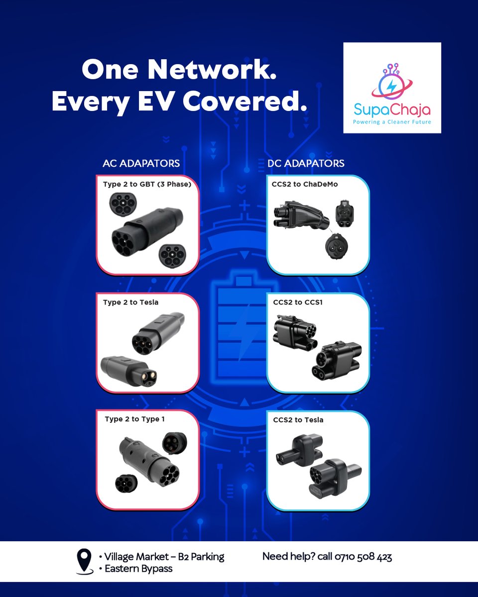 No matter what EV you drive, we’ve got an adaptor that fits. From Tesla to GBT to Type 1, our stations are equipped to handle diverse port types, so you never have to stress about compatibility. Just plug in and power up with confidence. #SupaChaja #PoweringACleanerFuture