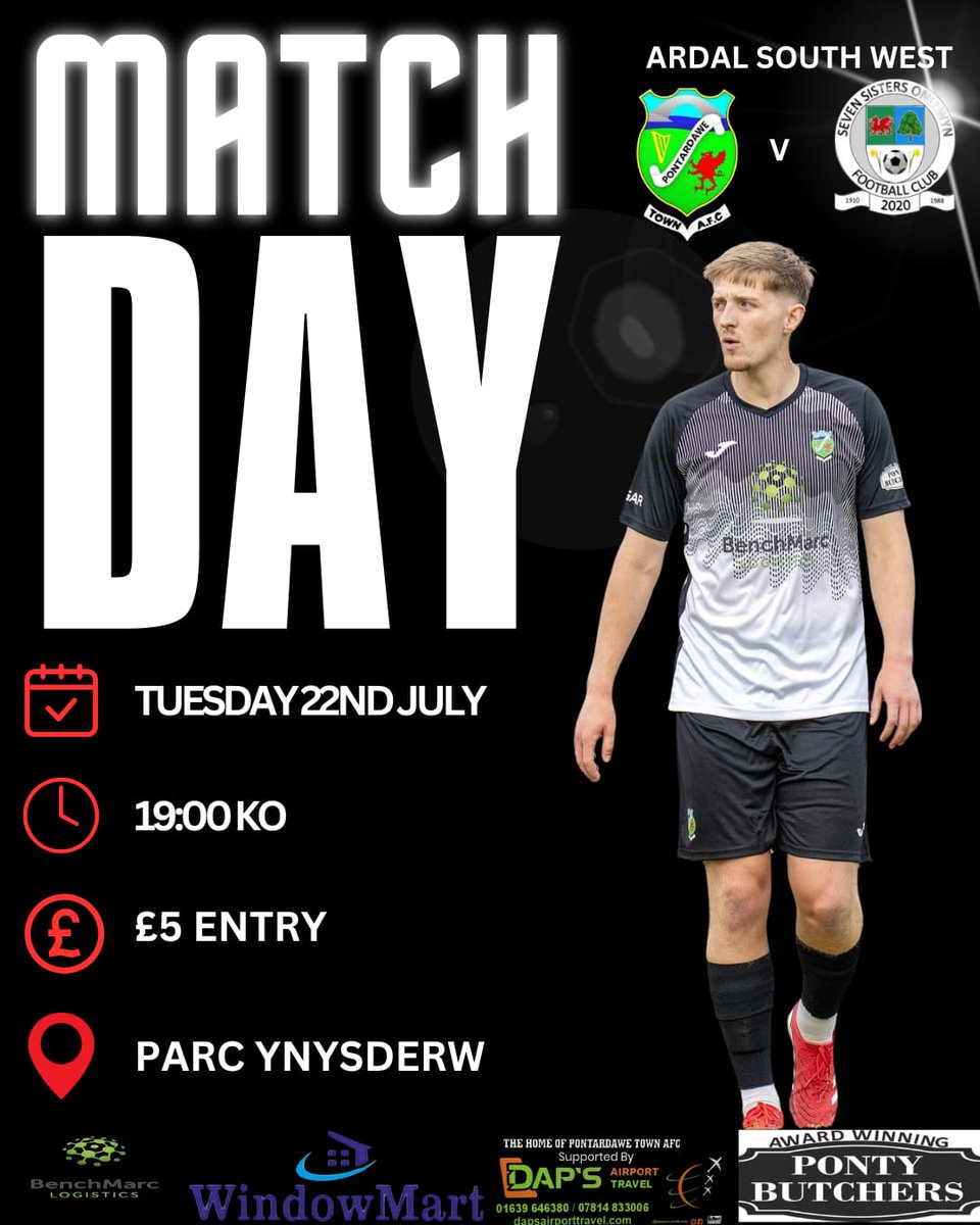 ⚽ It's MATCHDAY 2 on Tuesday!!!

 🆚 <a href="/7SistersOnllwyn/">Seven Sisters Onllwyn AFC</a> 🟢
🏆 <a href="/ArdalSouthern/">Ardal Southern</a> 
📍 Parc Ynysderw
🕖 19:00 KO 
🎟️ £5 Entry (Cash Preferred Please)
📅 Tuesday 22nd July

Let’s pack the stands and back the boys again 💪🖤🤍  

#Matchday #ArdalSouthWest #PontyandProud