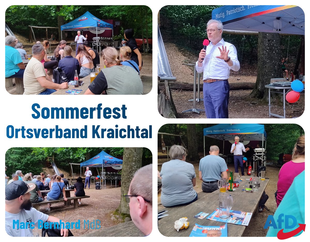 MarcBernhardAfD's tweet image. Sommerfest des AfD-Ortsverbands Kraichtal🎉

🍖 Am Wochenende war ich auf das Sommerfest des Ortsverbands Kraichtal (Kreisverband Karlsruhe-Land) eingeladen. Bei angenehmem Sommerwetter und schöner, rustikaler Örtlichkeit am Wald haben sich zahlreiche Mitglieder, Freunde und…