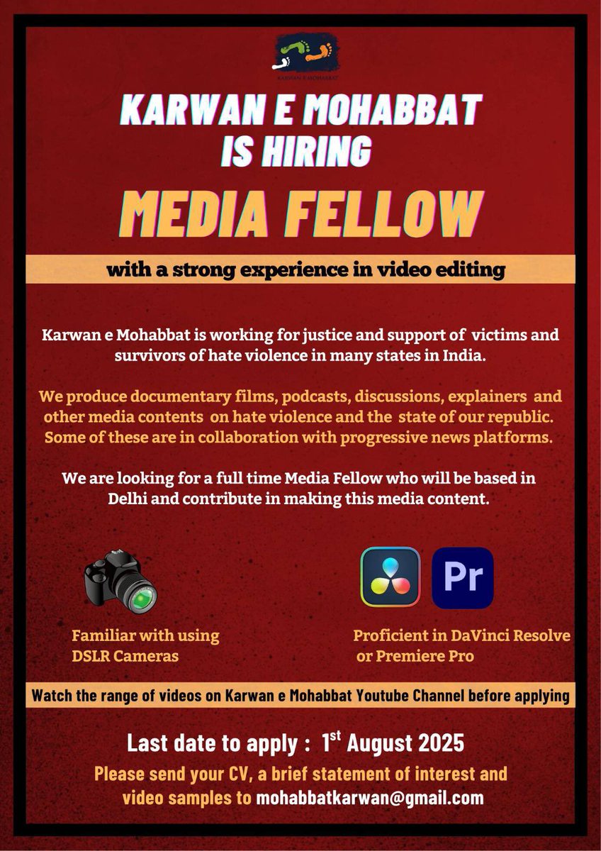 Karwan e Mohabbat (Caravan of Love) (@karwanemohabbat) on Twitter photo We are hiring!
Work and train with <a href="/karwanemohabbat/">Karwan e Mohabbat (Caravan of Love)</a> under the guidance of <a href="/harsh_mander/">Harsh Mander</a> and the media team.
Watch our work: youtube.com/@karwanemohabb… We are hiring!
Work and train with <a href="/karwanemohabbat/">Karwan e Mohabbat (Caravan of Love)</a> under the guidance of <a href="/harsh_mander/">Harsh Mander</a> and the media team.
Watch our work: youtube.com/@karwanemohabb…