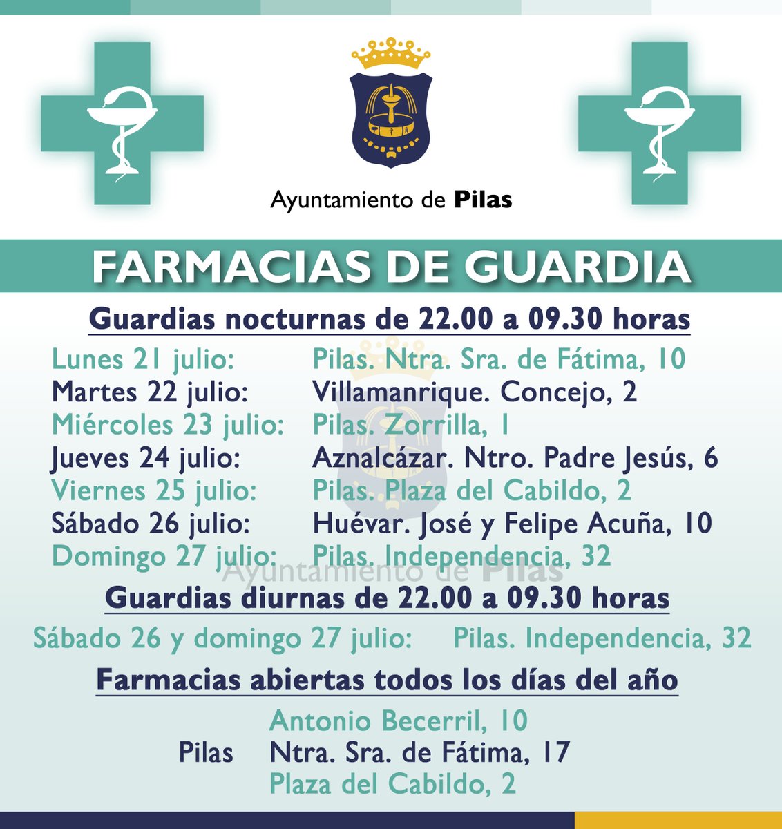 #InformacióndeInterés #Pilas | 🐍 Un nuevo lunes, actualizamos el listado de farmacias de guardia de la semana.
🔗 Recordamos que puede consultarse el cuadrante completo del mes a través del 𝐛𝐚𝐧𝐧𝐞𝐫 𝐅𝐚𝐫𝐦𝐚𝐜𝐢𝐚𝐬 𝐝𝐞 𝐆𝐮𝐚𝐫𝐝𝐢𝐚 de pilas.es