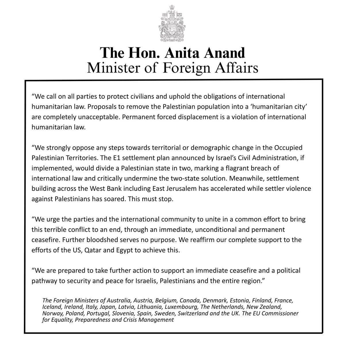 AnitaAnandMP's tweet image. The suffering of civilians in Gaza is horrific. Together with 25 other partners, Canada‘s message is clear: the war in Gaza must end now. We call for an immediate ceasefire, the release of all hostages and a full resumption of humanitarian aid, including food.
Please see our…