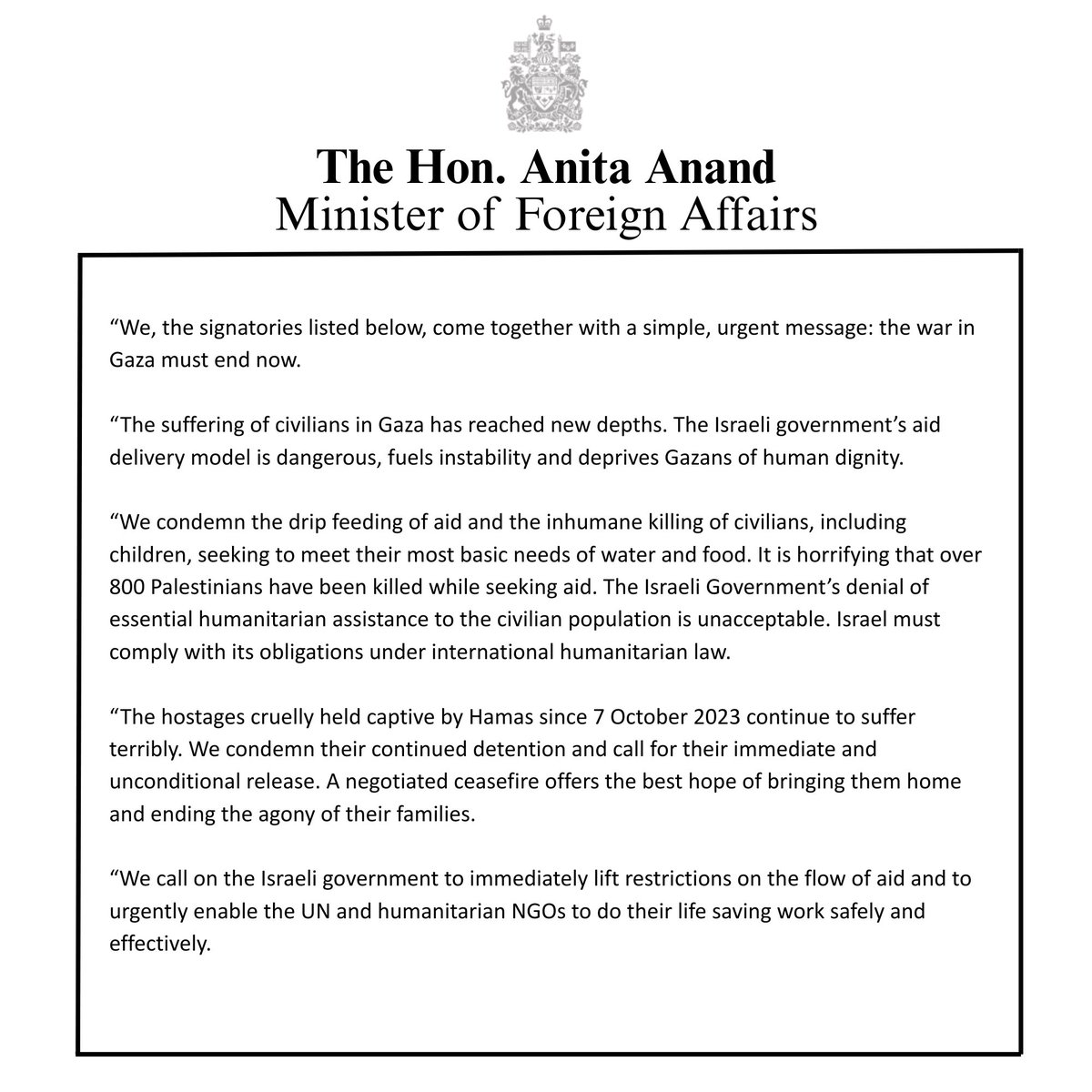 AnitaAnandMP's tweet image. The suffering of civilians in Gaza is horrific. Together with 25 other partners, Canada‘s message is clear: the war in Gaza must end now. We call for an immediate ceasefire, the release of all hostages and a full resumption of humanitarian aid, including food.
Please see our…