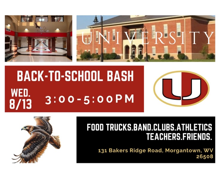 UHSHawks's tweet image. Back-to-School Bash! On Wed. 8/13 from 3:00-5:00pm, returning students and families are welcome to tour, meet teachers, and get schedules. There will be live performances. Clubs and organizations will have tables of information. Local food trucks will be here! Go Hawks!