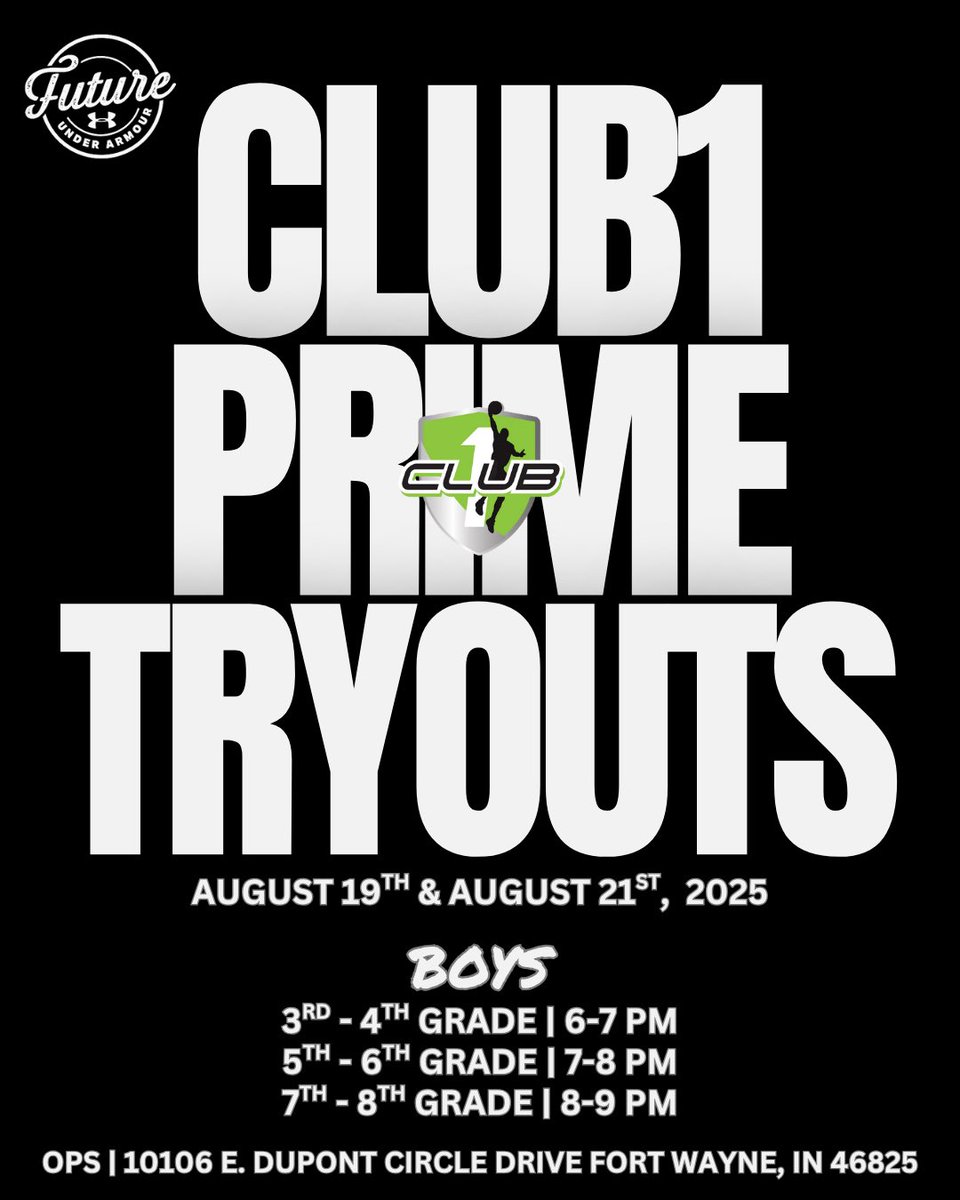 2025-26 Club1 Prime Tryouts

August 19 &amp; August 21  

Boys Tryouts 
3rd-4th | 6-7 pm
5th-6th | 7-8 pm 
7th-8th | 8-9 pm
*times the same both dates

Location: OPS DuPont

Club1 is forming new teams &amp; filling roster spots on existing teams.

Register today: bit.ly/4o0XpoD