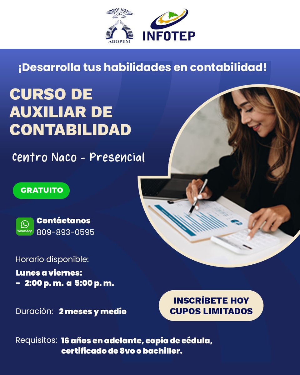 AdopemASFL's tweet photo. En nuestro Centro de Capacitación Naco puedes formarte con estos cursos gratuitos:
📌 Curso de Contabilidad Tributaria
📌 Curso de Emprendimiento para PYMES
📌 Curso de Secretariado Auxiliar
📌 Curso de Auxiliar de Contabilidad

🔗 Regístrate aquí: https://t.co/tyNHFhu9Il https://t.co/uckkqs2UPi