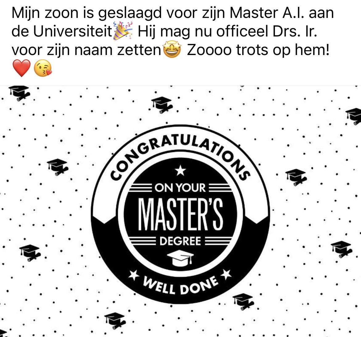 XSil73X's tweet image. Mijn zoon is #geslaagd met een 8 voor zijn master A.I. aan de universiteit #trotsemama