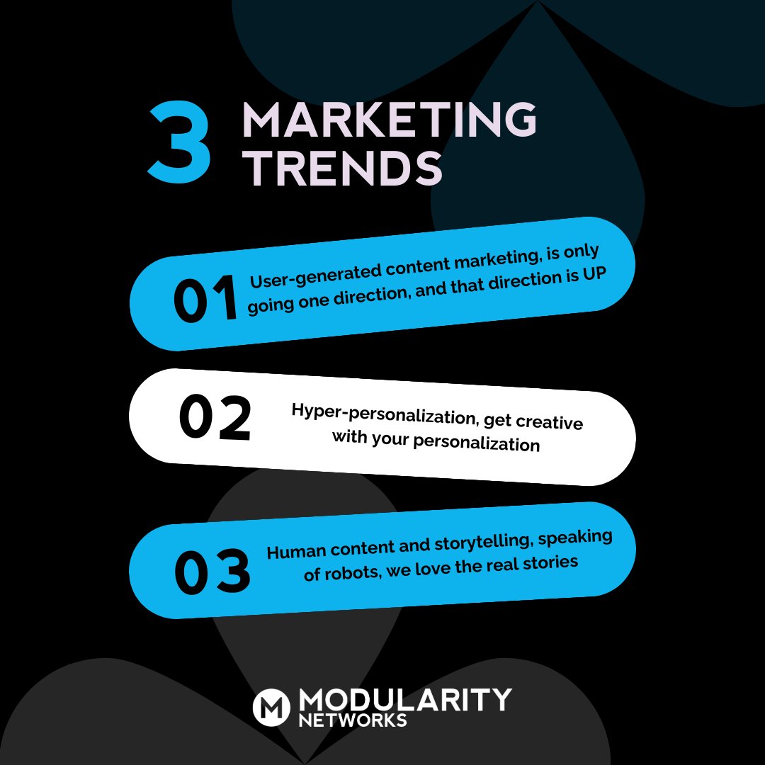 ModularityNet's tweet image. User-generated content is skyrocketing! 🚀 Get ready for hyper-personalization by thinking outside the box! And remember, real stories from real people connect us all. What trends are you excited to see in marketing? Share your thoughts below! 👇💬 #ModularityNetworks