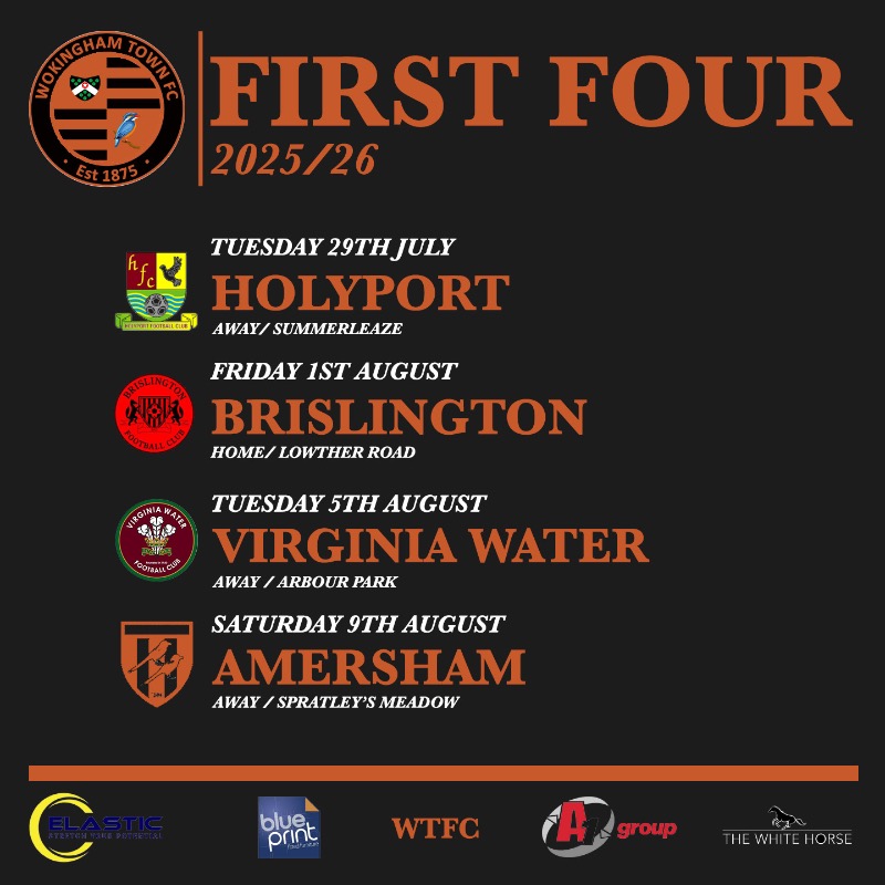 𝐂𝐇𝐄𝐂𝐊 𝐎𝐔𝐓 𝐓𝐇𝐄 𝐅𝐈𝐑𝐒𝐓 4⃣ 📅

This is how our season will begin with a mix of <a href="/ComCoFL/">Combined Counties Football League</a> and <a href="/EmiratesFACup/">Emirates FA Cup</a> action.