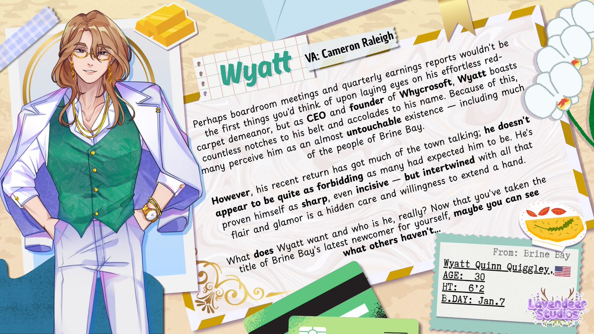 LavendeerStudio's tweet image. ✨Character Introduction 📸
Meet Wyatt, CEO of Whycrosoft and Brine Bay’s most high-profile returnee. With red-carpet ease and a resume full of accolades, it’s no surprise most see him as untouchable.
But since his return, that image has started to crack. As the newest face in…
