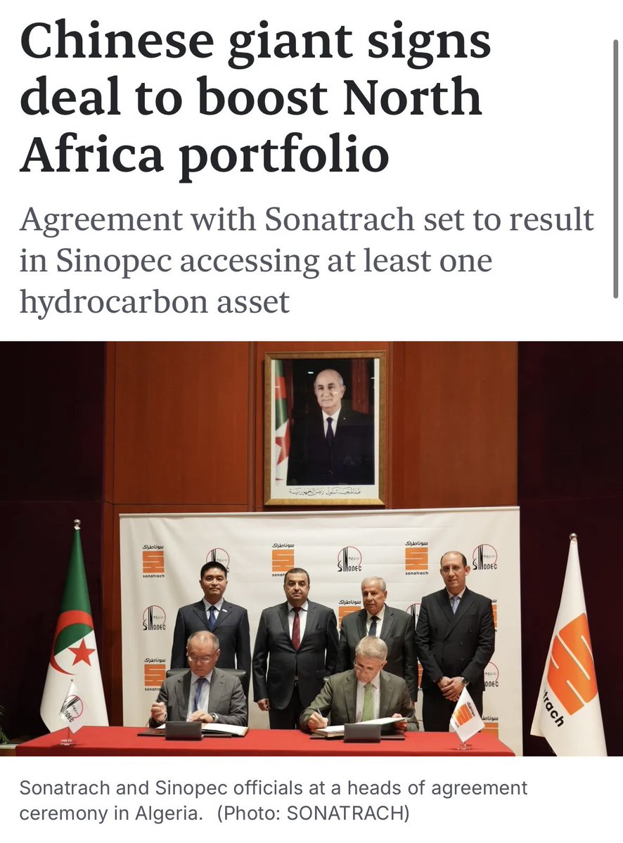 chinainmena's tweet image. “Algerian state oil company Sonatrach has struck a framework deal with China's Sinopec that aims to see the pair finalise at least one hydrocarbon agreement.”