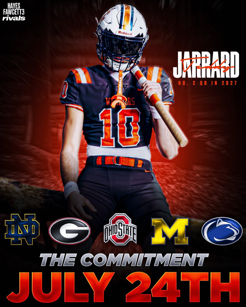 Hayesfawcett3's tweet image. NEWS: Elite 2027 QB Teddy Jarrard will announce his Commitment July 24th, he tells me for @rivals
The 6’3 200 QB from Kennesaw, GA will choose between Georgia, Michigan, Notre Dame, Ohio State, & Penn State
He’s the No. 2 QB in ‘27 (per Rivals)
on3.com/rivals/teddy-j…