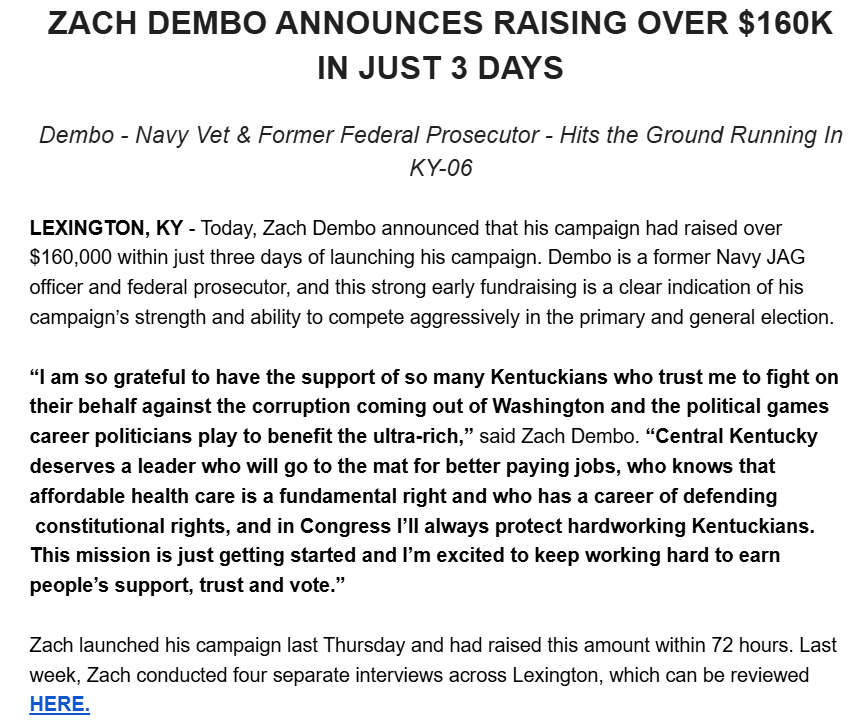 _AustinHorn's tweet image. Zach Dembo's Democratic #KY06 campaign announces it's raised more than $160k in 3 days.
Undeniably solid start, even with the acknowledgement that candidates often line up the $$ well before entering the race.