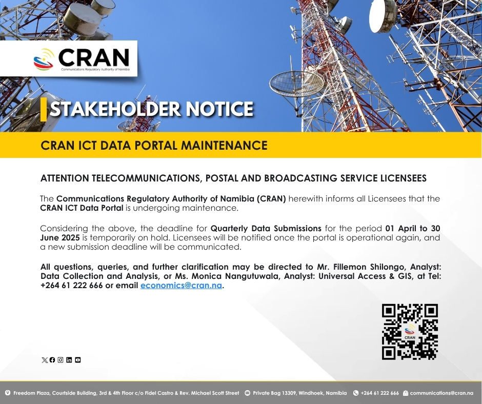 📢 Important Notice for Telecommunications, Postal &amp; Broadcasting Service Licensees

Our ICT Data Portal is currently undergoing maintenance. Quarterly Data Submissions deadline (01 April - 30 June 2025) is temporarily on hold.

Licensees will be notified when the portal is