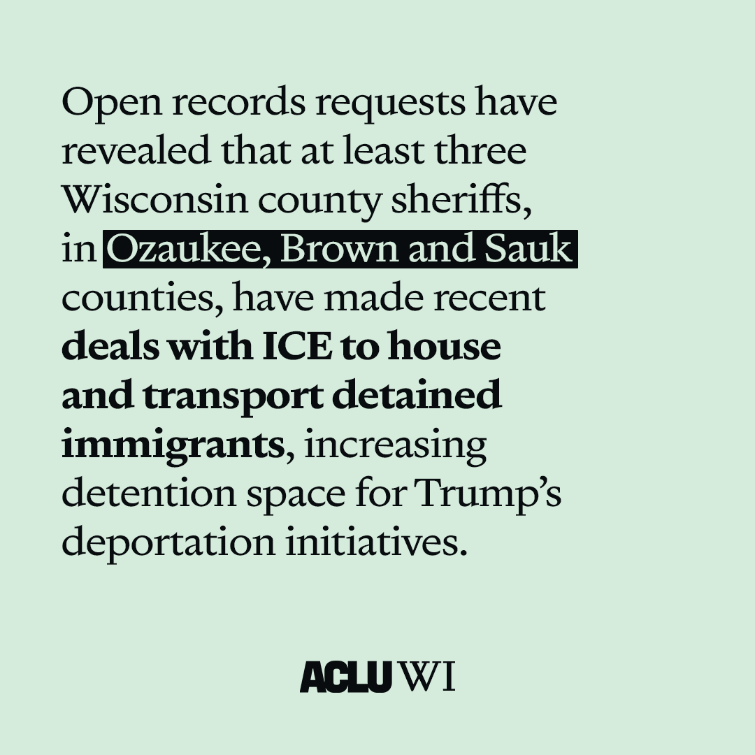 ACLUofWisconsin's tweet image. These new agreements underscore a concerning trend: local sheriffs are not only passively complying with ICE requests but actively benefiting from direct financial arrangements to house and transport immigrants for ICE removal.
Learn more at ACLU-WI.org/Press-Releases.