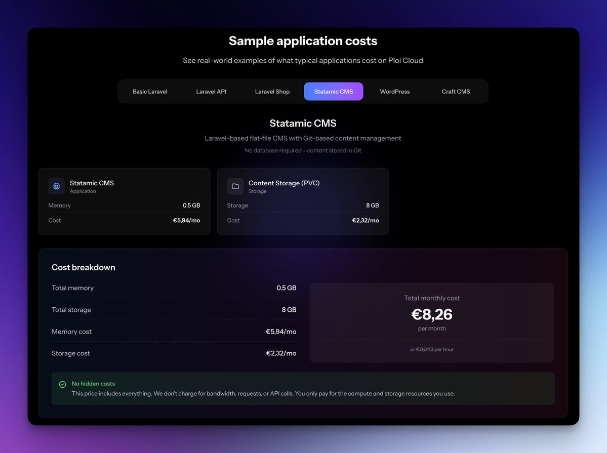 PloiCloud's tweet image. What does a basic managed @statamic app cost with Ploi Cloud? โฌ8,26 per month! โ๏ธ
Because of their flat file first setup, you can keep costs low โ
Obviously, if you want, you can easily add a database with one click on the button ๐