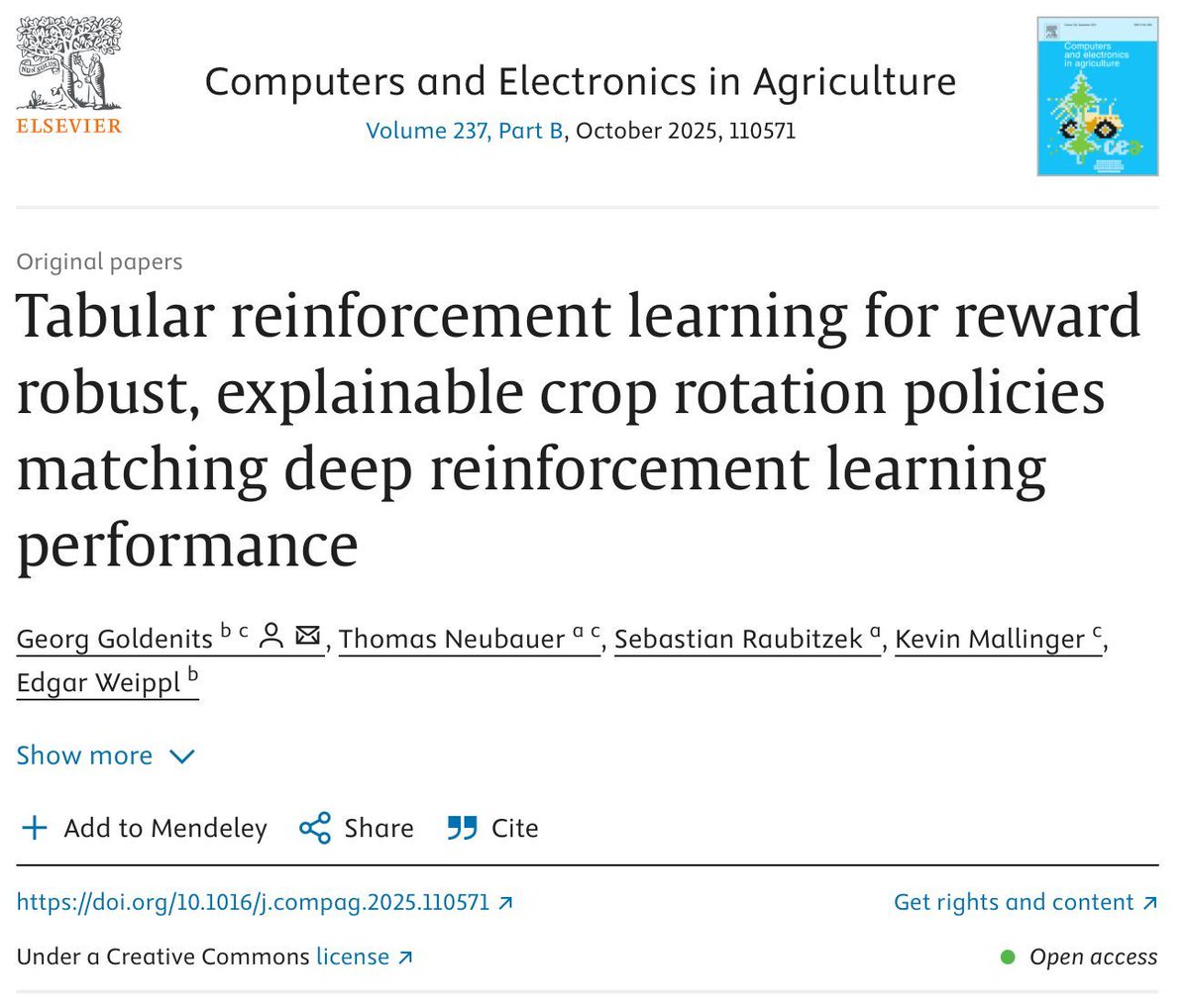 Not the typical security venue/journal: Computers and Electronics in Agriculture.

We propose explainable tabular RL for crop rotation planning; compared to deep Q-learning, our method yields similar/better outcomes; is resilient to external perturbations. buff.ly/HoYTd5H