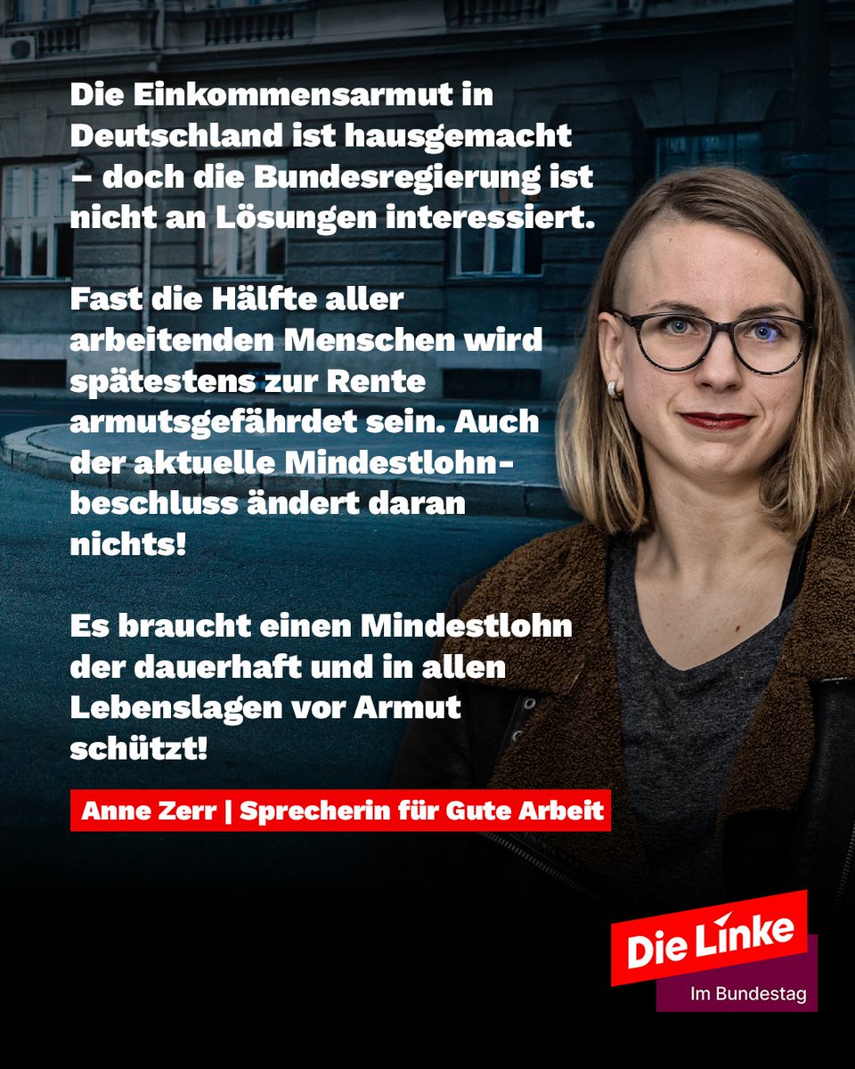 dielinkebt's tweet image. Die Einkommensarmut in Deutschland ist hausgemacht – doch die Bundesregierung ist nicht an Lösungen interessiert.
Fast die Hälfte aller arbeitenden Menschen wird spätestens zur Rente armutsgefährdet sein. Auch
der aktuelle Mindestlohn- beschluss ändert daran
nichts!
Es…