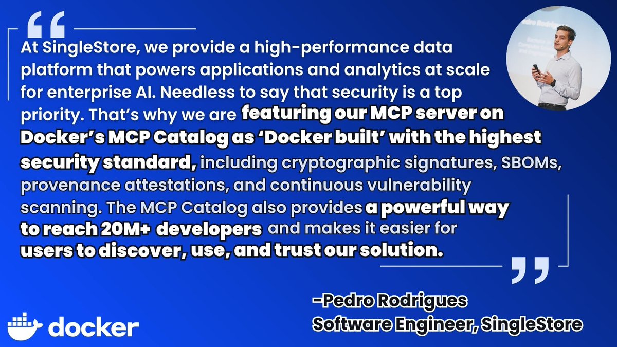 Docker's tweet image. Got an MCP server? Make it easier for 20M+ developers to find, trust, and run your server by listing it in the new reimagined Docker MCP Catalog.
As SingleStore puts it:
Get featured: hub.docker.com/mcp