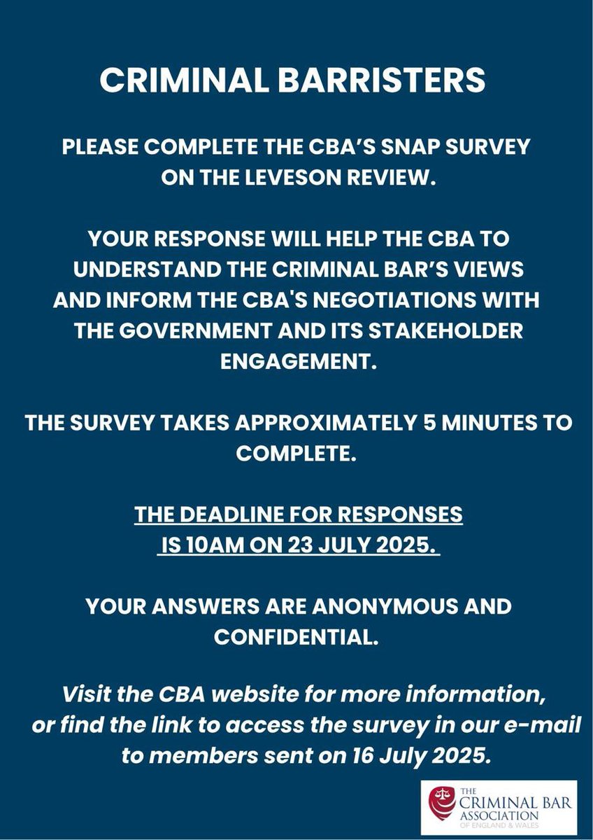 TheCriminalBar's tweet photo. 2 days to go and counting down 

Criminal barristers please complete the CBA snap survey on the Leveson Review.

The deadline for responses is 
10am Wednesday 23 July.

We need every single one of your voices to make your views count. 

Thank you. We are grateful for your time. https://t.co/MjtuswCl2H