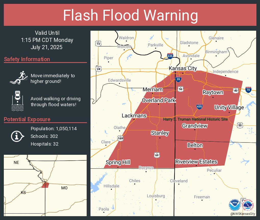 NWSKansasCity's tweet image. Flash Flood Warning including Kansas City MO, Overland Park KS and Lenexa KS until 1:15 PM CDT