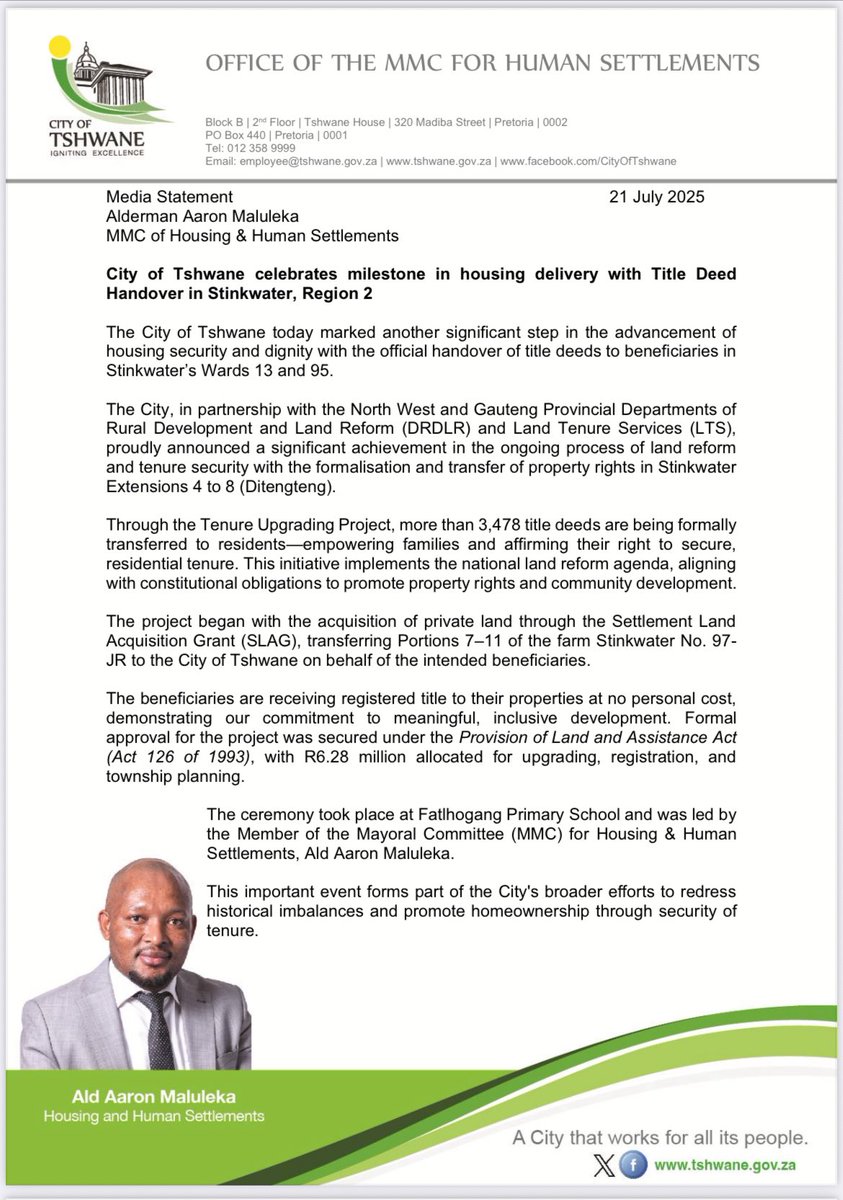 nasiphim's tweet image. City of Tshwane hands over title deeds to Stinkwater residents. @CityTshwane