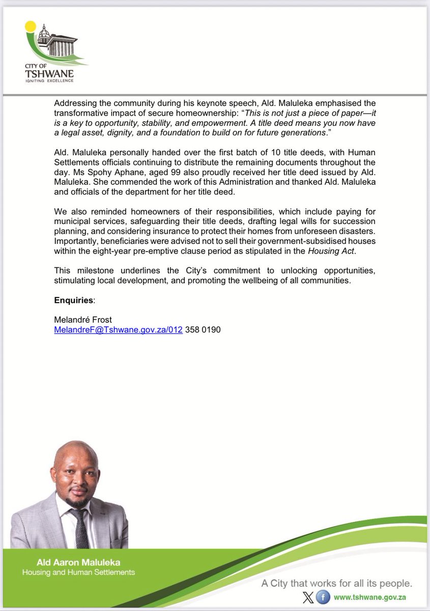 nasiphim's tweet image. City of Tshwane hands over title deeds to Stinkwater residents. @CityTshwane