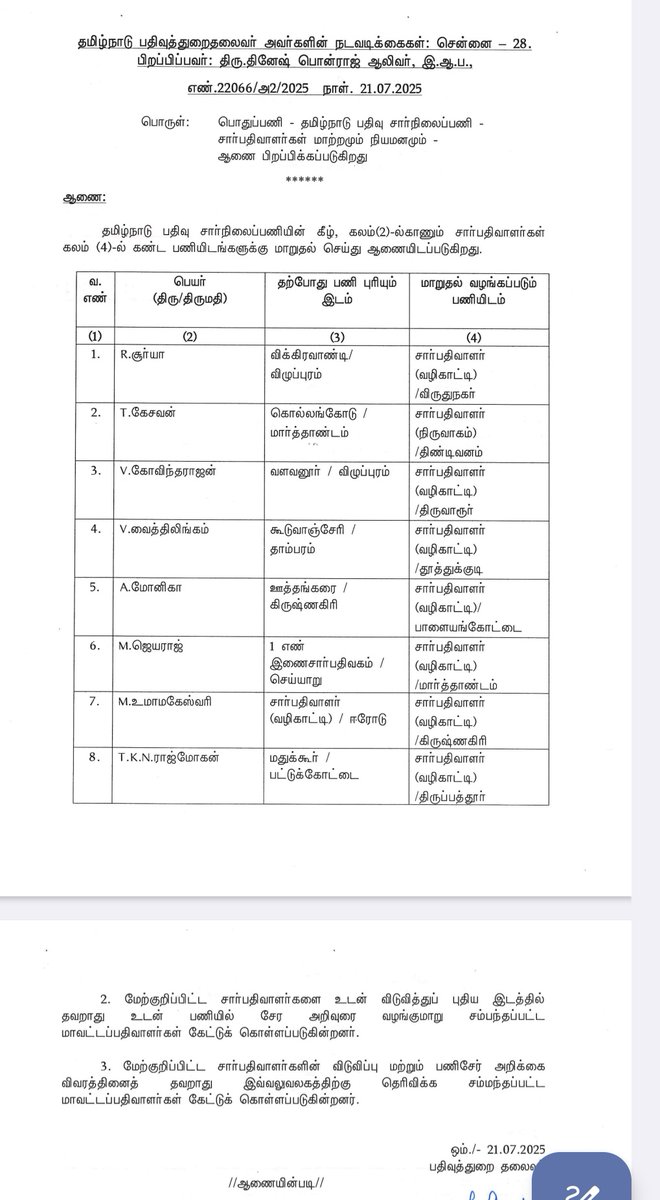8 சார்பதிவாளர்கள் பணியிட மாற்றம் செய்து ஐஜி உத்தரவு