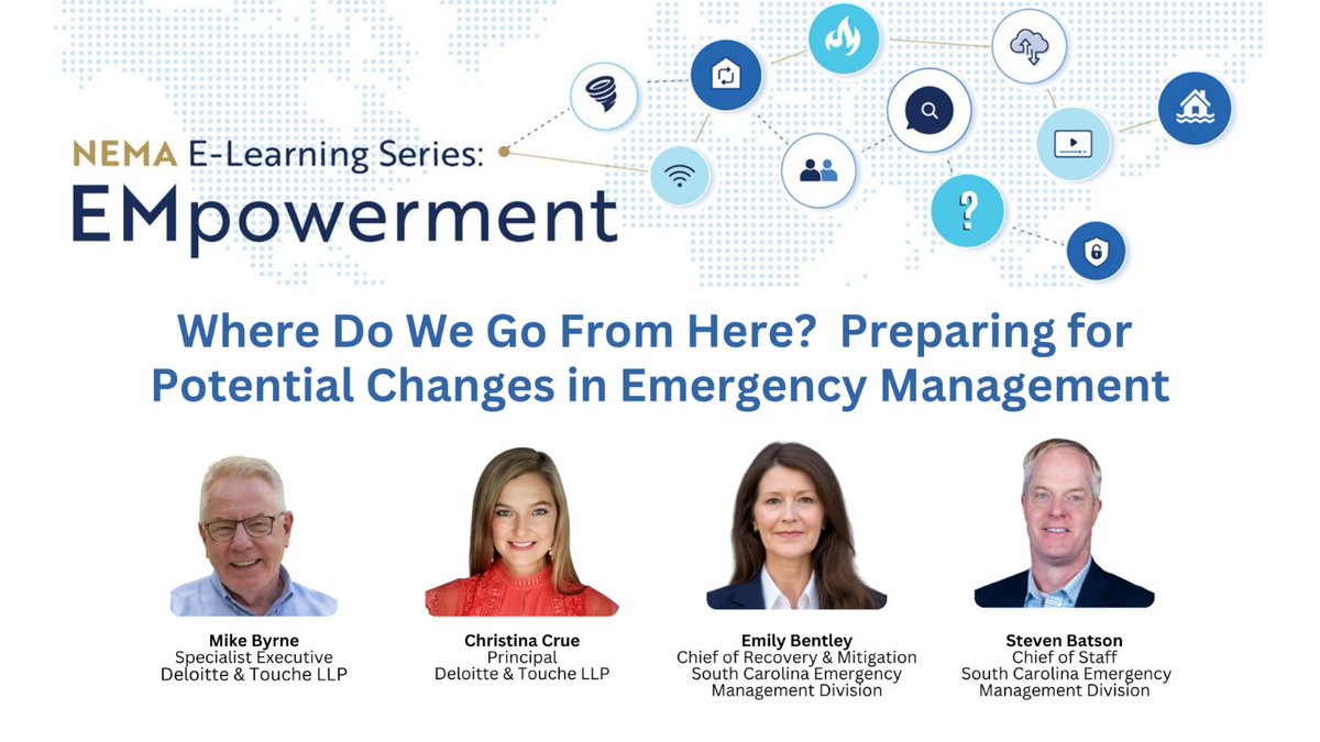 Join us August 20, 2025 at 2:00pm EDT for NEMA's next installment of our EMpowerment e-Learning series, Where Do We Go From Here? Preparing for Potential Changes in Emergency Management, sponsored by Deloitte. Register today! zurl.co/icCPy