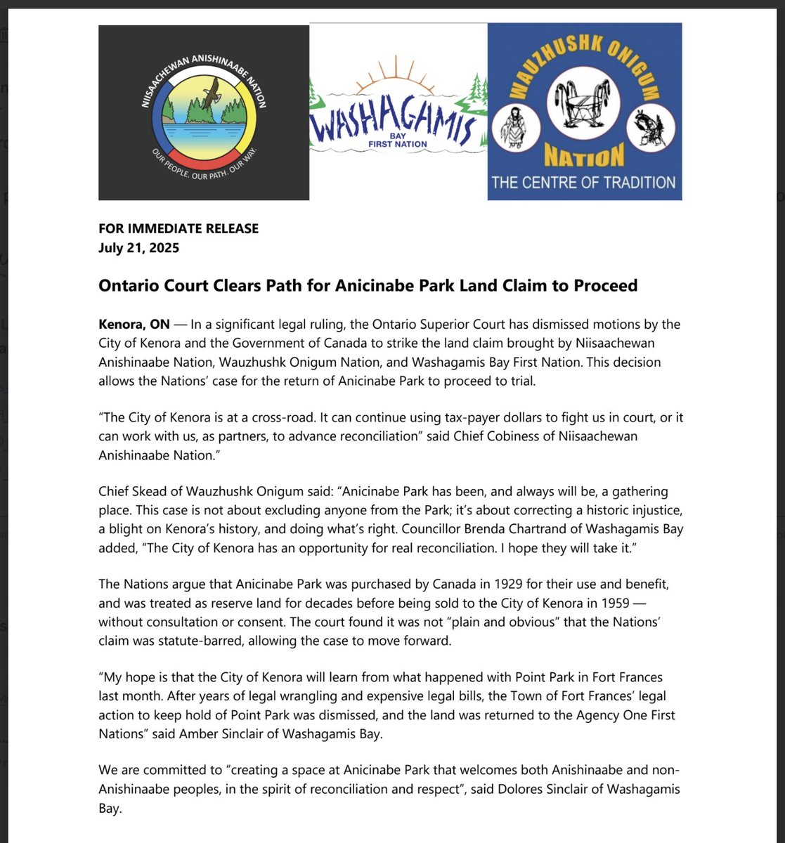 JonSThompson's tweet image. A Superior Court judge has ruled the land claim Niisaachewan, Wauzhushk Onigum Nation & Washagamis Bay are making to Anicinabe Park will proceed.
Justice Lepere disagreed with Canada & Kenora's motion the claim was past the expiry of limitation period.
ricochet.media/indigenous/tak…
