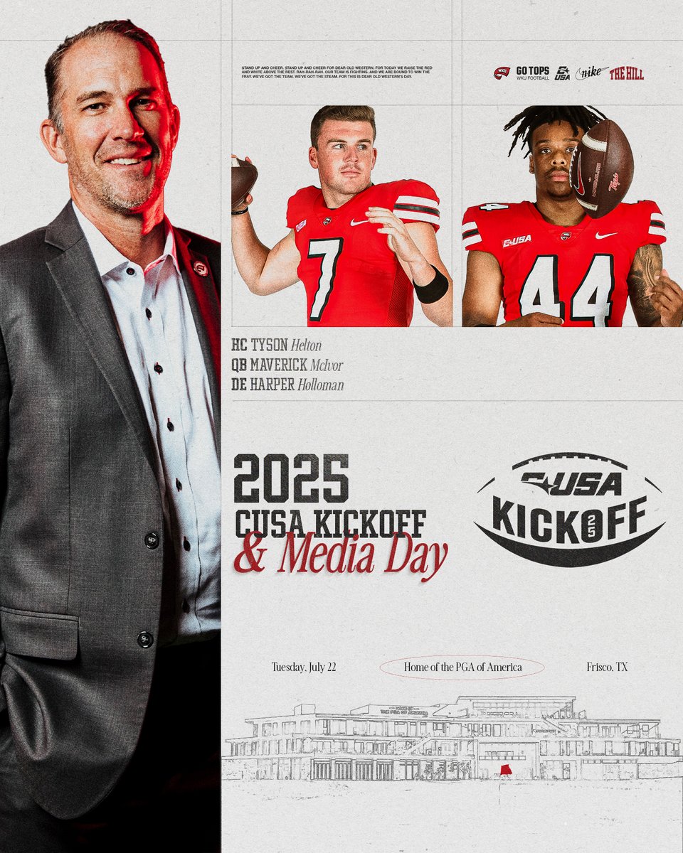 WKU Football Recruiting (@wkurecruiting) on Twitter photo WKU is on the clock ⏱️
2025 CUSA Kickoff — we’re built for the spotlight 🎙️
Tyson Helton (<a href="/Coach_Helton/">Tyson Helton</a>). Maverick McIvor (<a href="/MaverickMcIvor/">Maverick McIvor</a>). Harper Holloman(<a href="/harp_1k/">Harper</a>).
Let’s talk ball. Let’s talk The Hill. 🧨
#GoTops #CUSAKickoff25 #TOPsOnTop WKU is on the clock ⏱️
2025 CUSA Kickoff — we’re built for the spotlight 🎙️
Tyson Helton (<a href="/Coach_Helton/">Tyson Helton</a>). Maverick McIvor (<a href="/MaverickMcIvor/">Maverick McIvor</a>). Harper Holloman(<a href="/harp_1k/">Harper</a>).
Let’s talk ball. Let’s talk The Hill. 🧨
#GoTops #CUSAKickoff25 #TOPsOnTop