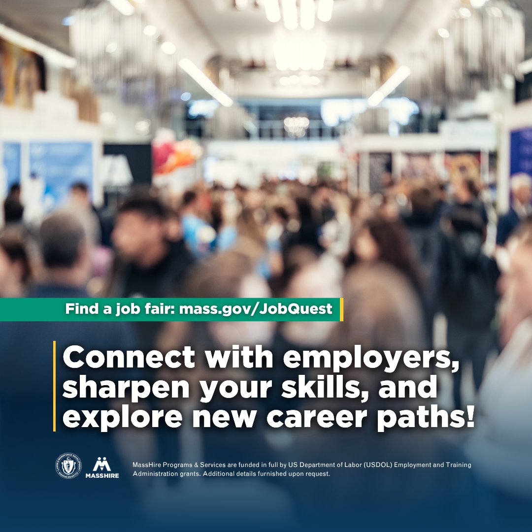 MassLWD's tweet image. #MassHire is hosting over 15 job fairs and recruitment events across Massachusetts this week!

At these events, you can:

➡️  Meet employers who are ready to hire
➡️  Learn about jobs that match your skills 

👉 Find an event near you: mass.gov/JobQuest
