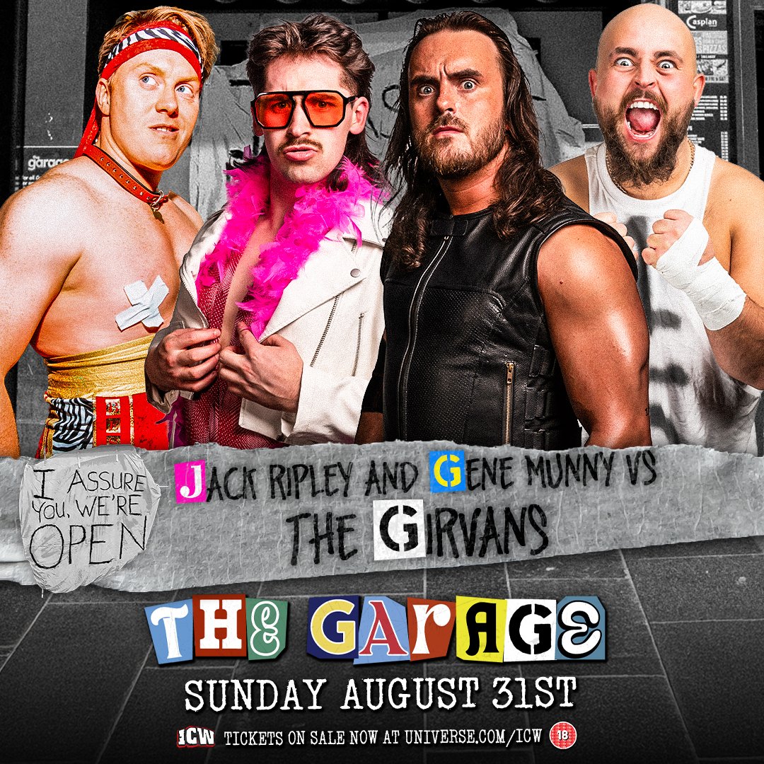 InsaneChampWres's tweet image. ANNOUNCEMENT: @imsomunny and @TheJackRipley vs. The Girvans in tag team action on Sunday 31 August! universe.com/icw
