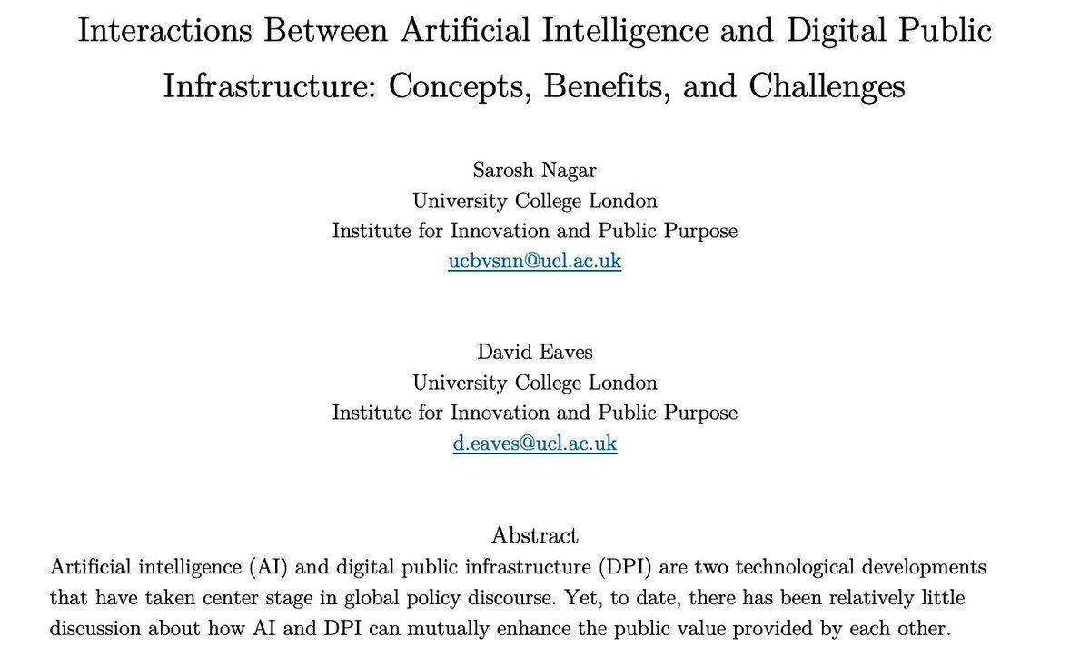 IIPP_UCL's tweet image. 🤖Interactions Between Artificial Intelligence and Digital Public Infrastructure
@IIPP_UCL's @daeaves & Sarosh Nagar discuss the opportunities and challenges under which #AI & #DPI can interact for mutual benefit in their paper for @arxiv
✍️Read it here: buff.ly/gYpx1A1