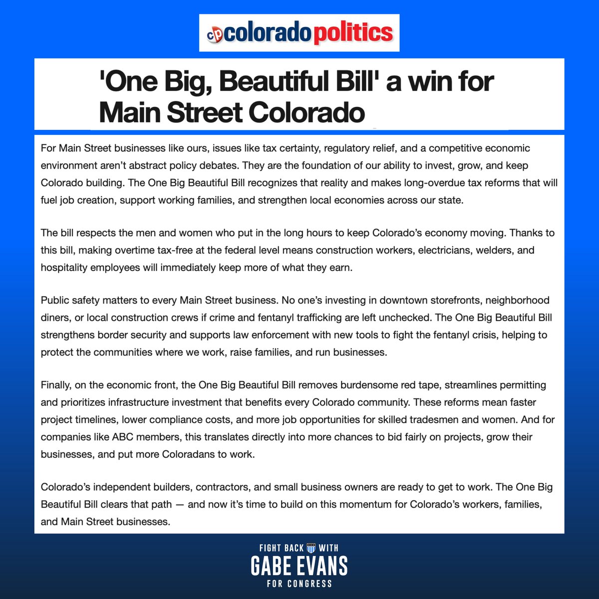 GabeforColorado's tweet image. Coloradans agree: Republicans&apos; One Big Beautiful Bill is a win for Main Street.