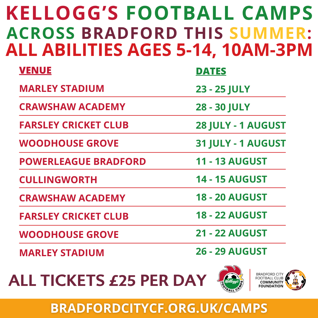 bcafc_cf's tweet image. 🐔 | #FootballCamps
Week one of our @KelloggsUKI football camps: ✅
We hope everyone who joined us for kick-off had a fab time 🥳
Plenty of fun still to be had, starting Monday, and bags of time to book 👇
Right here: bradfordcitycf.org.uk/camps
#BCAFC | @officialbantams