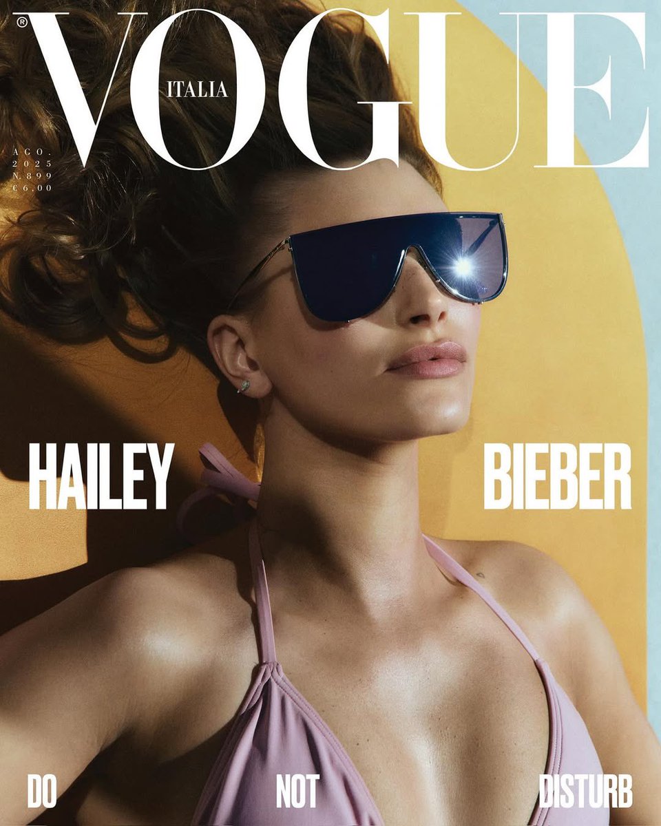 virgilsbride's tweet image. a picture from hailey bieber’s vogue us cover shoot is now being reused for the cover of vogue italia!