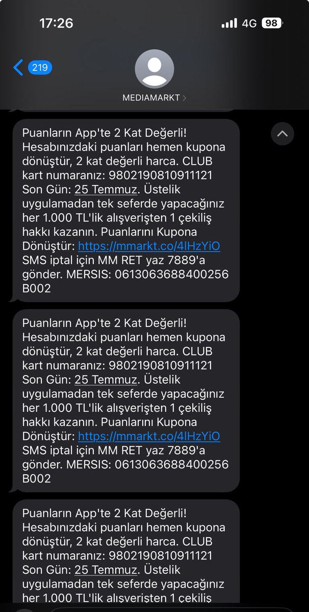 Son 1 saat içinde aynı sms i gönderen <a href="/mediamarkt_tr/">MediaMarkt Türkiye</a> hala hatanın kendisinde olduğunu kabul etmiyor olması çok ilginç